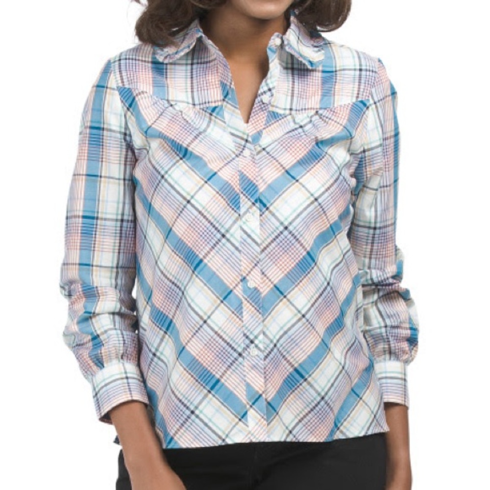 Women’s Medium UNTUCKIT Margot Plaid Ruffle Collared Button Front Shirt Blouse